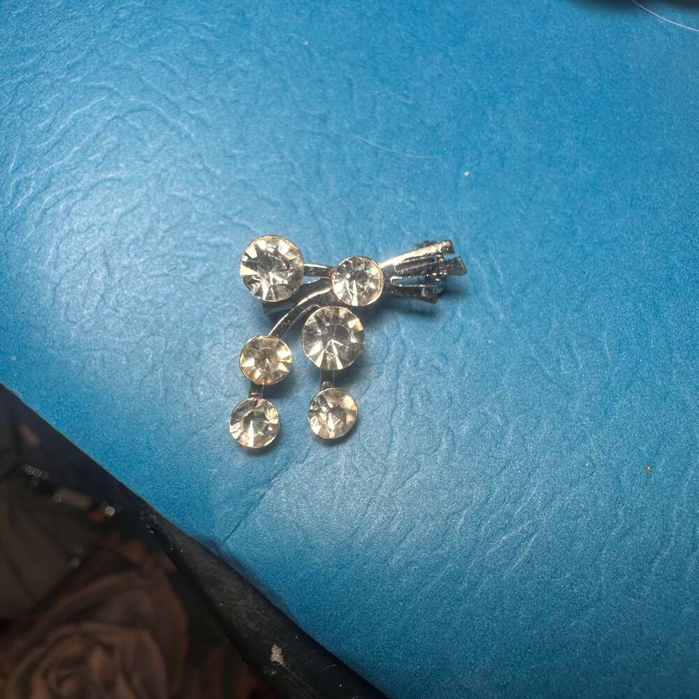 Vintage Rhinestone Flower Stem Leaves Brooch Pin Silver Tone 2" Elegant Slim